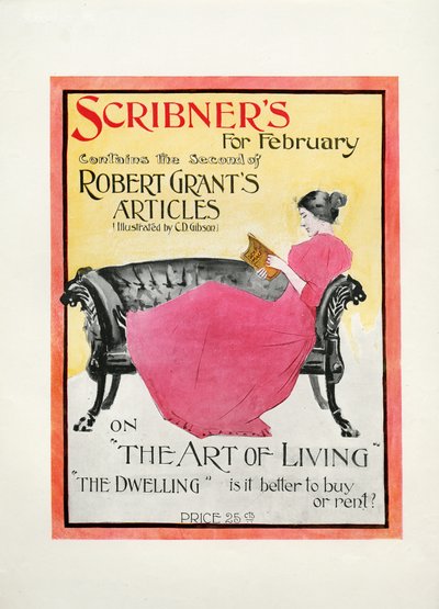 Scribners voor februari 1895, bevat het tweede van Robert Grants artikelen geïllustreerd door C.D. Gibson over De Kunst van het Leven, De Woning: is het beter om te kopen of te huren?, 1895 door American School